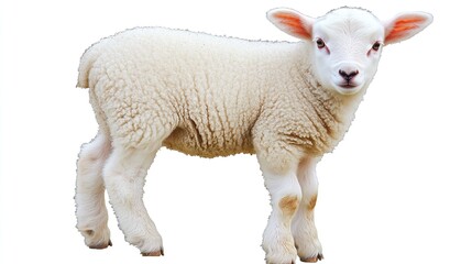 Fototapeta premium A baby lamb stands in front of a white background