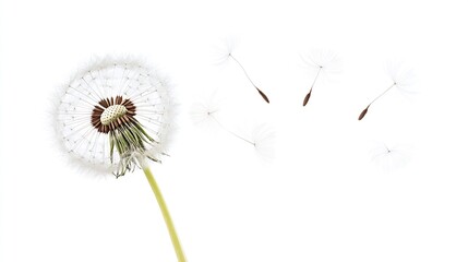 A dandelion is the main focus of the image, with its seeds scattered in the air