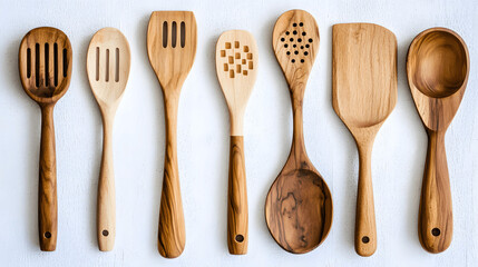 Set of wooden kitchen utensils laid out on white surface