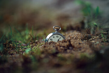A lost pocket watch in the grass.The clock face sticks out of the ground.Bury the time.