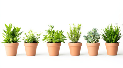 Fototapeta premium Set of plants in terracotta pots on white background