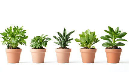 Set of plants in terracotta pots on white background