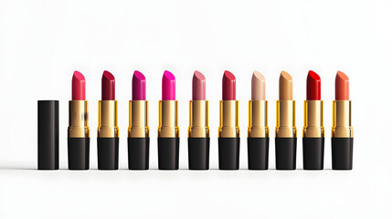 Set of lipsticks in various shades arranged in a row on white background