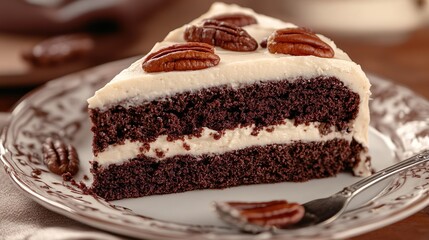A slice of chocolate cake with pecans on top