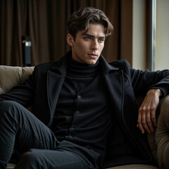 Sophisticated Fashion: Young Man in Black Attire Relaxing