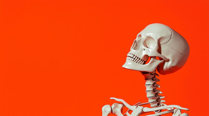 Spooky halloween celebration: skeleton tilting its head against an orange red backdrop