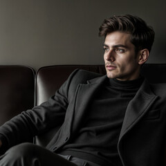 Sophisticated Fashion: Young Man in Black Attire Relaxing