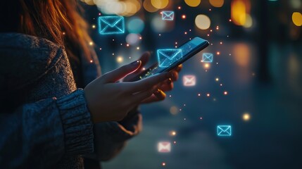 A person holding a smartphone with animated email icons
