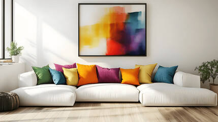 Scandinavian modern living room with white sofa and colorful pillows