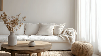 Scandinavian home with round wooden coffee table and white sofa