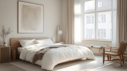 Scandinavian bedroom with light wooden furniture and white bedding