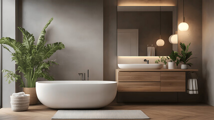 Fototapeta premium Scandinavian bathroom with freestanding bathtub and wooden vanity