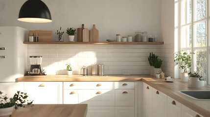 Scandinavian kitchen with white cabinets and wooden countertops