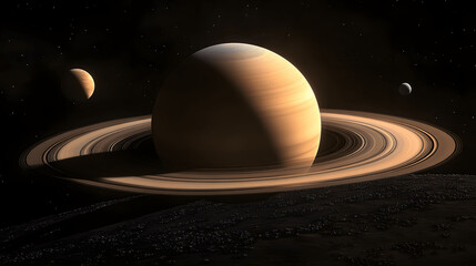 Saturn and its rings in space with faint planets in the background
