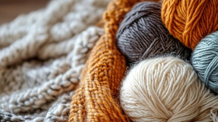 Craft knitting hobby background with yarn in natural colors.