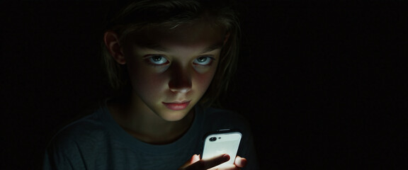 close-up of a teenager holding his smart phone and immersed in it, isolated from the outside world, smart phone addiction