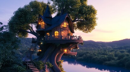 Obraz premium Magical Treehouse at Dusk with Warm Glowing Lights