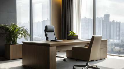 Fototapeta premium Minimalist office with sleek wooden desk and neutral color palette
