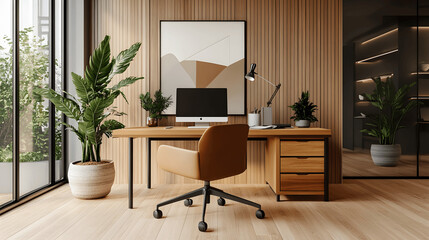 Minimalist office with sleek wooden desk and neutral color palette