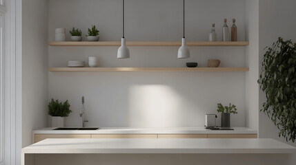 Minimalist modern kitchen with white countertops and wood shelving