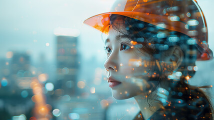 Double exposure of the female engineer and construction site