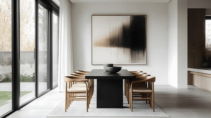 Minimalist dining room with black table and wooden chairs