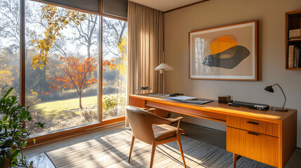 Mid-century modern office with wooden desk and retro chair