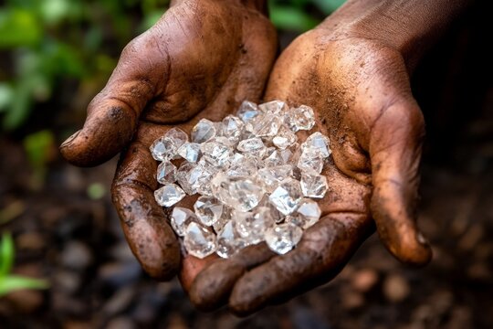 black woman holding diamonds in african diamond mine