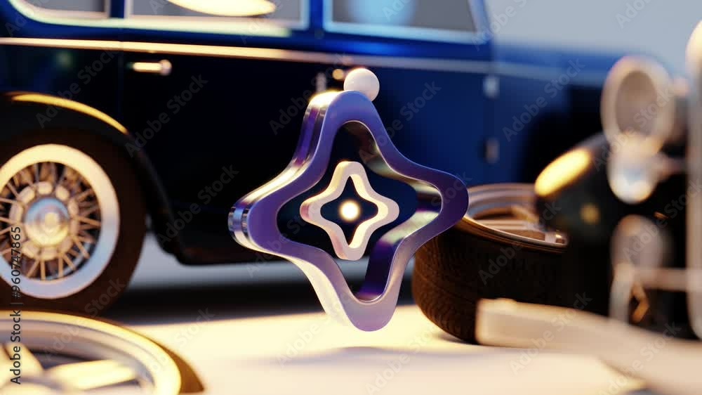 Poster 3d rendering of ball rolling in loop on shiny gear near retro car