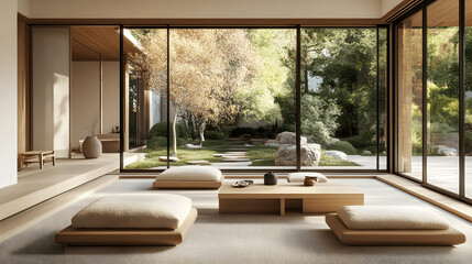 Japandi-style living room with low wooden furniture and large glass doors