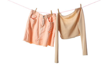 Clean skirt and top hanging on rope against white background