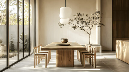 Japandi-style dining room with wooden table and large windows