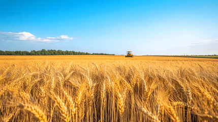 Golden wheat field with tractor under clear blue sky