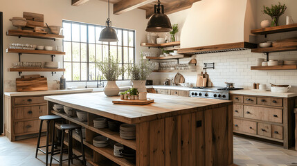 Farmhouse kitchen with rustic wooden cabinets and large island