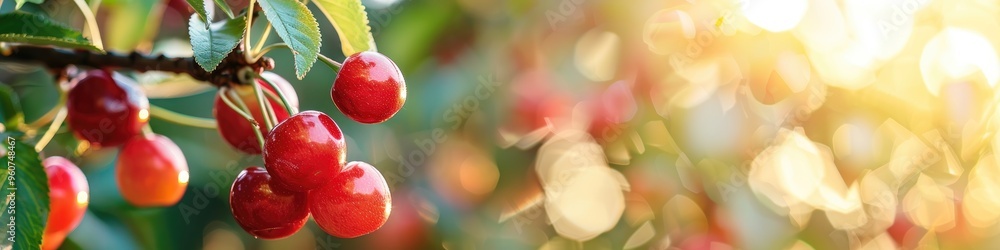 Poster selective focus on a branch featuring red cherries against a blurred backdrop with room for text.