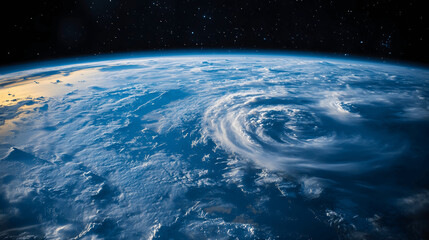 Earth viewed from space with oceans, clouds, and atmosphere