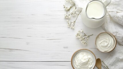 A white wooden table with a jug and a glass of fresh milk, alongside a bowl of Greek yogurt, with plenty of space for text or design.
