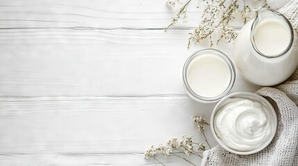 A white wooden table with a jug and a glass of fresh milk, alongside a bowl of Greek yogurt, with plenty of space for text or design.