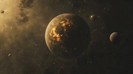 Distant exoplanet with glowing atmosphere and moons in space