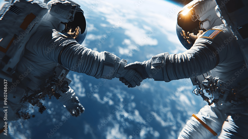 Canvas Prints two astronauts touching hands in space with earth in the distance