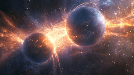Obraz premium Two planets colliding in deep space with cosmic explosions