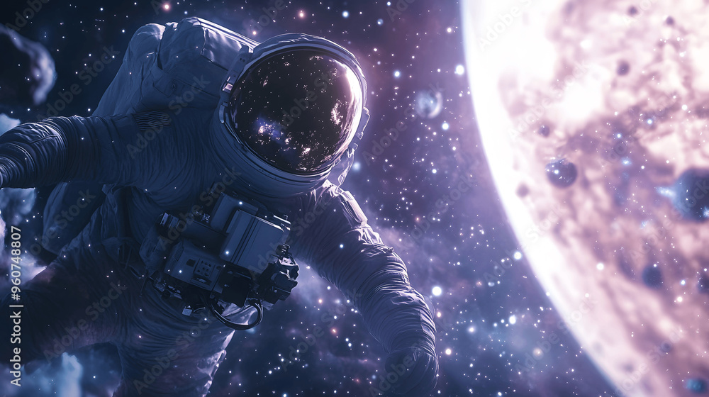 Canvas Prints astronaut floating near distant planet with stars and cosmic dust