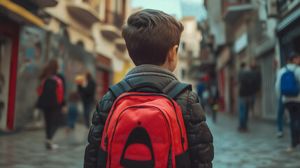 Niño con mochila de camino al colegio 
