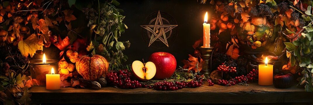 Red apples, berries and herbs for pagan ritual on dark background with burning candles. Mabon sabbat, Samhain, Yule. Autumn equinox holiday. Wiccan pagan religion. Magic esoteric spiritual ritual