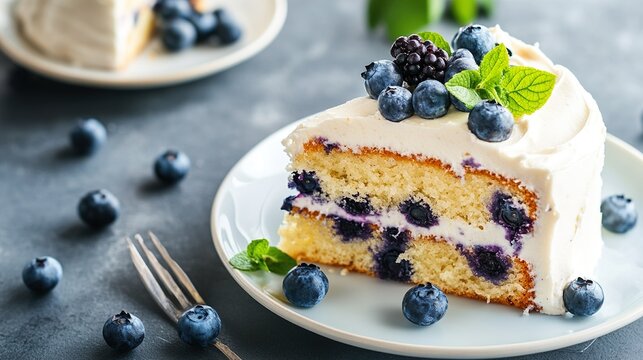 A slice of cake with blueberries and mint on top
