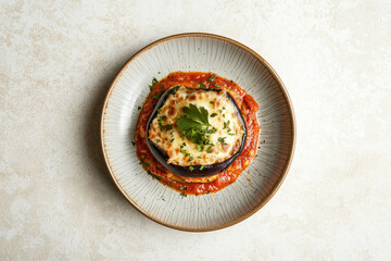 Eggplant Parmesan dish on table top view