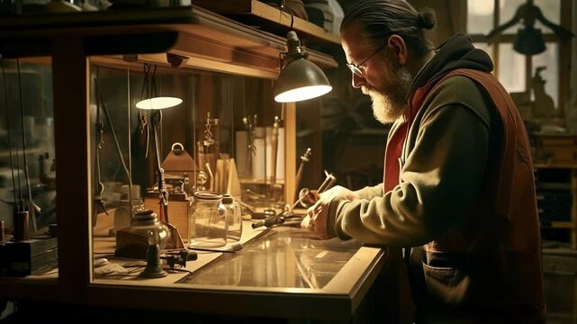 Skilled craftsman restoring antique furniture in cozy workshop with vintage tools