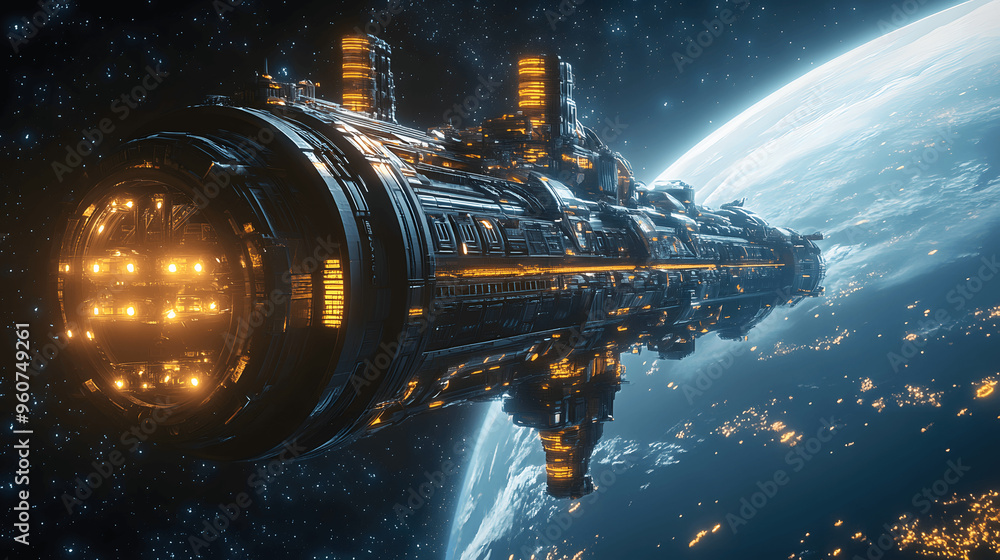 Canvas Prints futuristic space station orbiting a distant planet with glowing lights