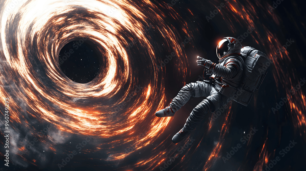 Canvas Prints astronaut floating near a black hole with light bending around