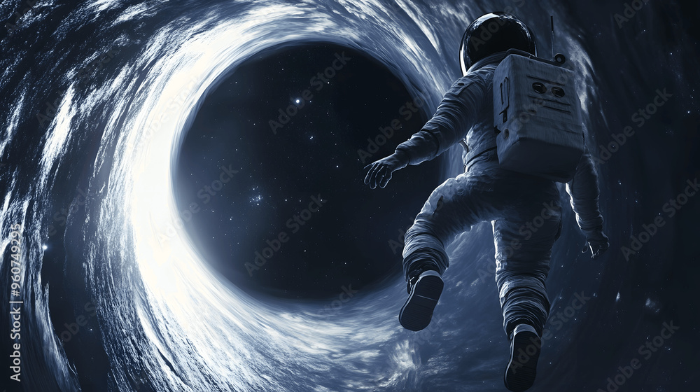 Canvas Prints astronaut floating near a black hole with light bending around